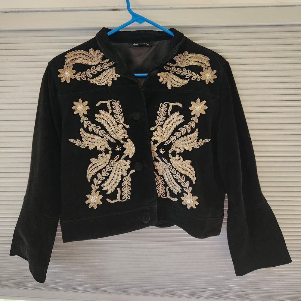 Women's Stylish Black And Gold Embellished Button-up Leather Suede-like Jacket